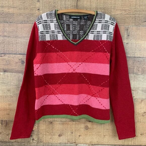 Y2K 90s Sweater Plaid Stripe Wool pink Contrast Boxy Oversized V Neck Express L - Picture 4 of 15